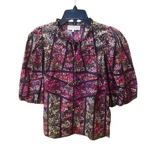 Anthropologie Caballero Celeste puff sleeve floral cotton top SZ XS black pink
